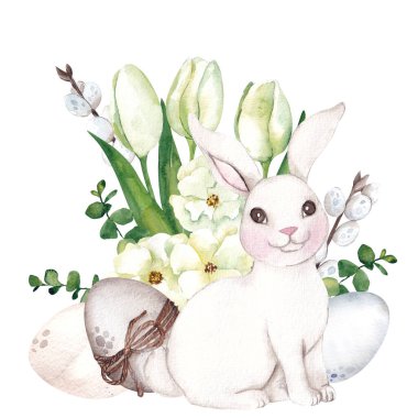 Paskalya yumurtası ve tavşanlı suluboya düzenlemeleri, çiçekler ve yapraklar