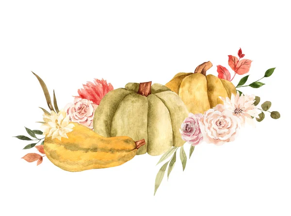 Pumpkins Flowers Leaves Watercolor Hand Draw Autumn Illustration Isolated White — Stock Photo, Image