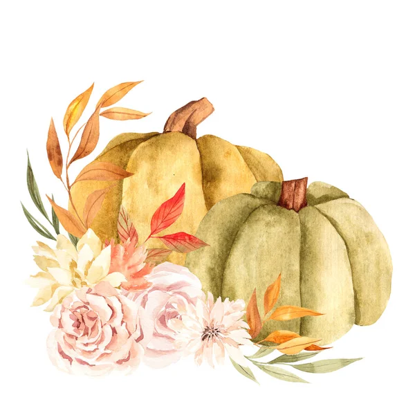 Arrangement Pumpkin Autumn Flowers Leaves Watercolor Hand Draw Flower Element — Stock Photo, Image