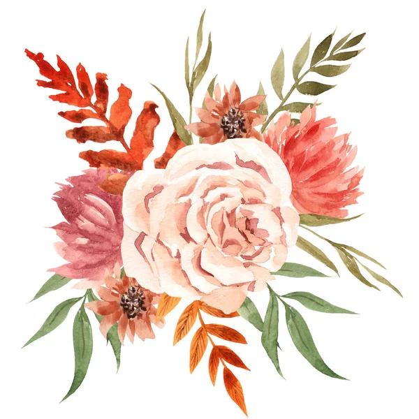 Осінній Букет Красивими Квітами Листям Акварельною Рукою Малює Квітковий Елемент — стокове фото