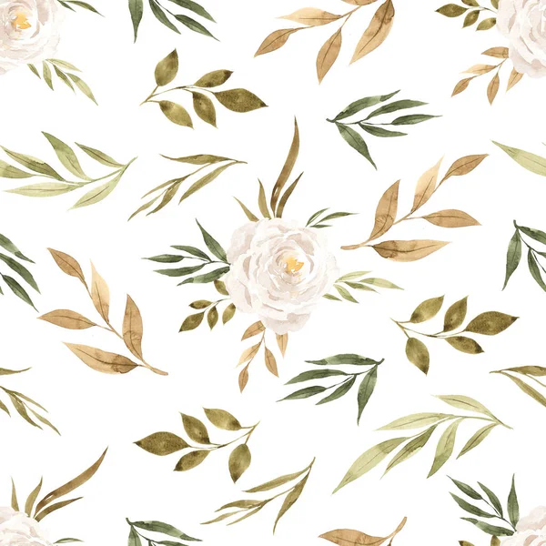 Seamless Pattern Autumn Flowers Leaves Watercolor Hand Draw Floral Element — Stock Photo, Image