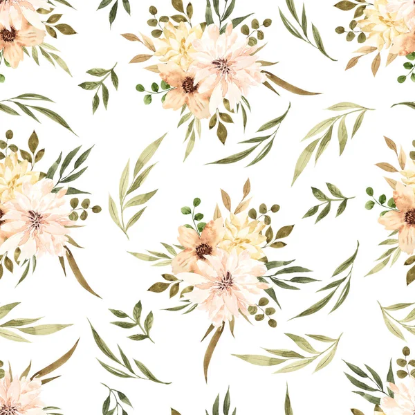 Seamless Pattern Autumn Flowers Leaves Watercolor Hand Draw Floral Element — Stock Photo, Image