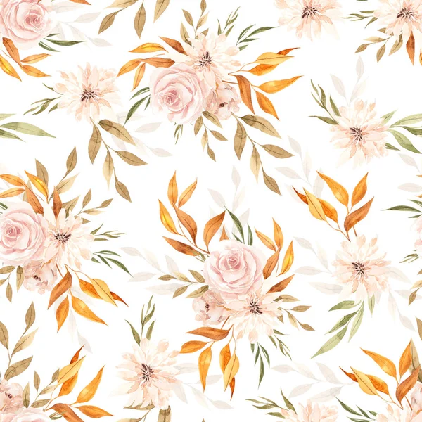 Seamless Pattern Autumn Flowers Leaves Watercolor Hand Draw Floral Element — Stock Photo, Image
