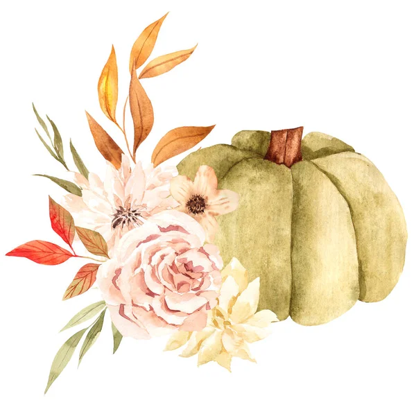 Pumpkin Flowers Leaves Watercolor Hand Draw Autumn Illustration Isolated White — Stock Photo, Image