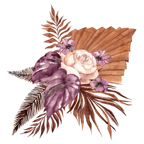 Akvarel Kytice Sušenými Květy Listy Pampas Tráva Palmový List Ručně — Stock fotografie