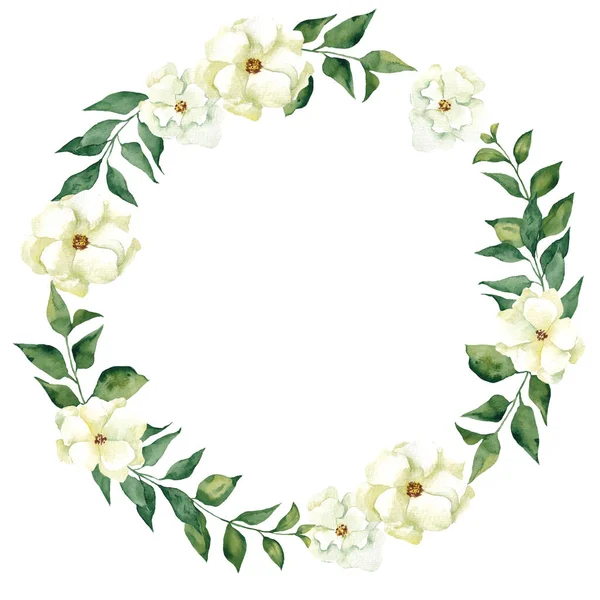 Watercolor wreath with hand draw spring flowers and leaves, isolated on white background