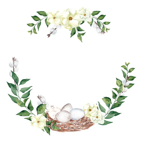 Watercolor Wreath Hand Draw Spring Flowers Leaves Isolated White Background — Stock Photo, Image