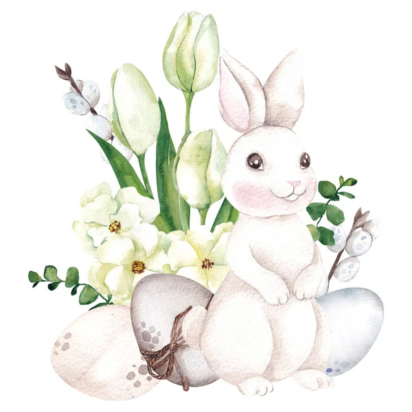 Paskalya yumurtası ve tavşanlı suluboya düzenlemeleri, çiçekler ve yapraklar