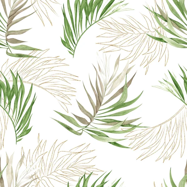 Naadloos Patroon Met Tropische Bladeren Takken Geïsoleerd Witte Achtergrond Aquarel — Stockfoto