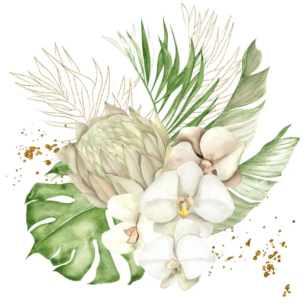 Çiçekler Suluboya Altın Yapraklı Tropikal Buket Beyaz Arka Planda Izole — Stok fotoğraf