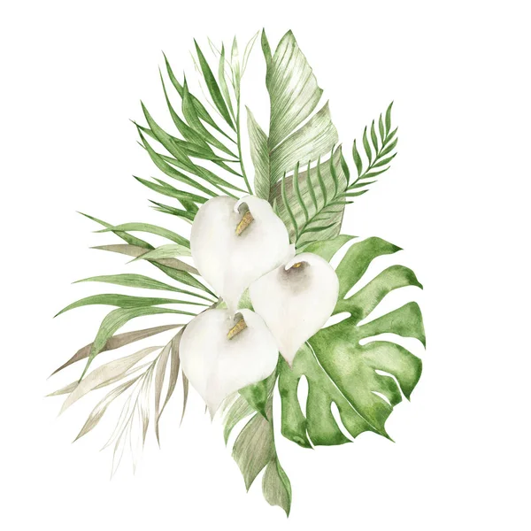 Buquê Tropical Com Flores Mão Desenhar Elemento Floral Isolado Fundo — Fotografia de Stock