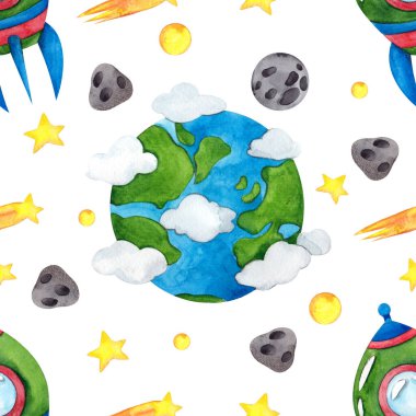 Tatlı uzay roketleri ve asteroitlerle kusursuz desen, suluboya el beyaz arkaplanda izole edilmiş kozmik elementleri çizer