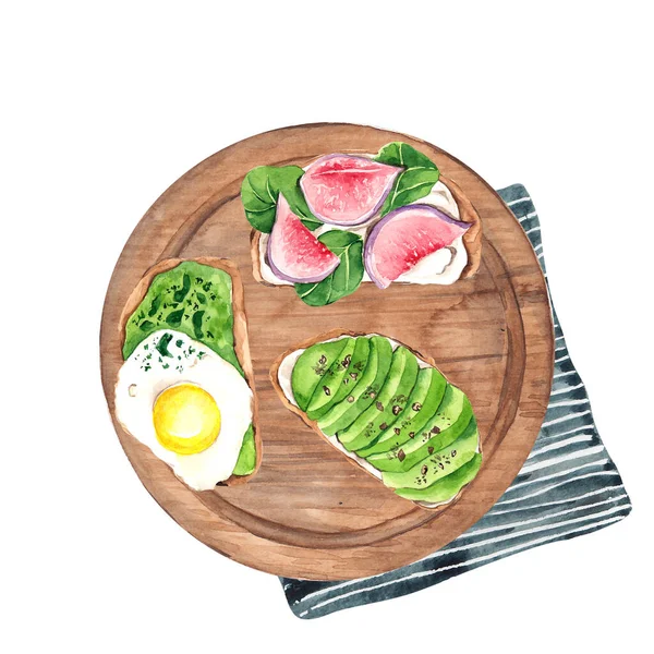 Food Illustration Sandwiches Avocado Tomato Egg Cream Cheese Salmon Herbs — Stock Photo, Image