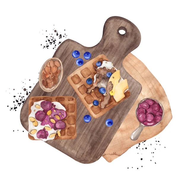 Waffle Meyveli Kahvaltı Çizimi Suluboya Besin Elementi Beyaz Arka Planda — Stok fotoğraf