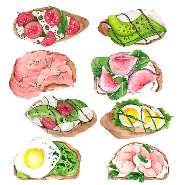 Food Illustration Sandwiches Avocado Tomato Egg Cream Cheese Salmon Herbs — Stock Photo, Image