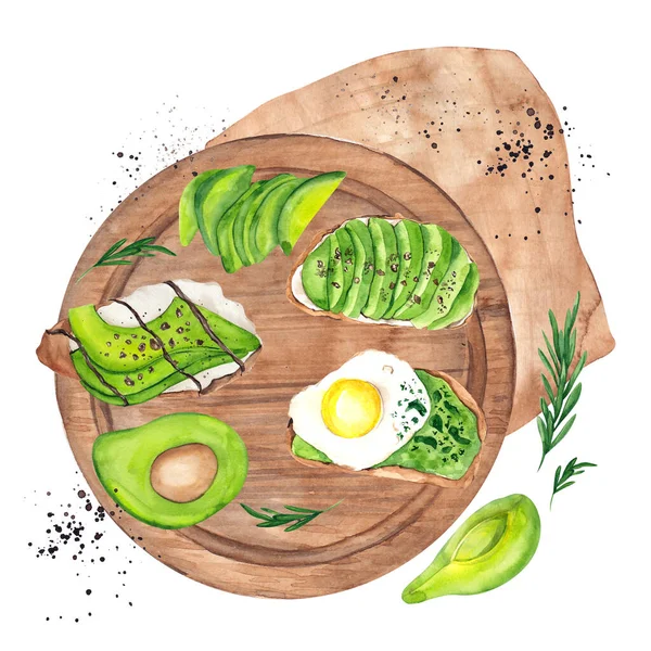Ilustración Desayuno Sándwiches Huevos Aguacate Hierbas Frutos Secos Queso Acuarela —  Fotos de Stock