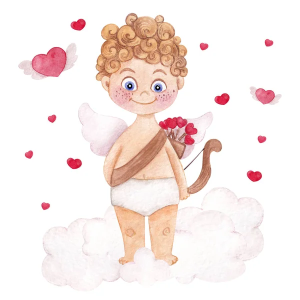 Aquarell Illustration Mit Niedlichen Amor Herzen Und Wolken Für Valentinstag — Stockfoto