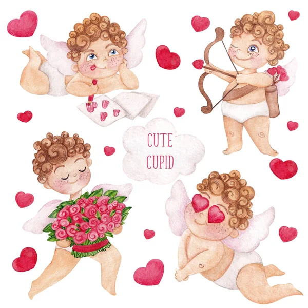 Ilustrasi Warna Air Untuk Hari Valentine Cupid Lucu Dengan Awan — Stok Foto