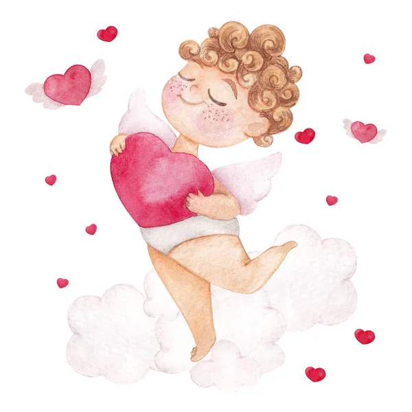 Akvarell Illustration För Alla Hjärtans Dag Söt Cupid Med Hjärtan — Stockfoto