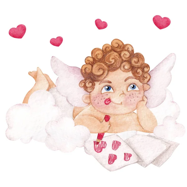 Akvarell Illustration Med Söta Cupid Hjärtan Och Moln För Alla — Stockfoto