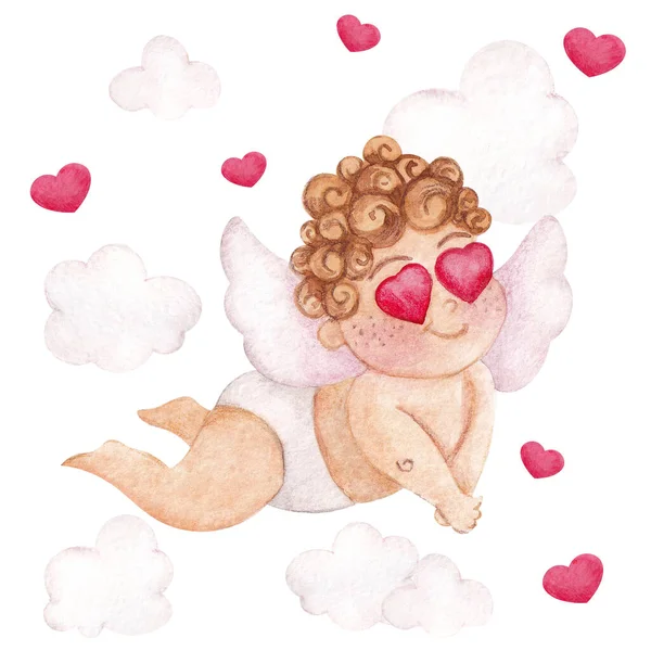 Aquarell Illustration Zum Valentinstag Niedlicher Amor Mit Herzen Und Wolke — Stockfoto