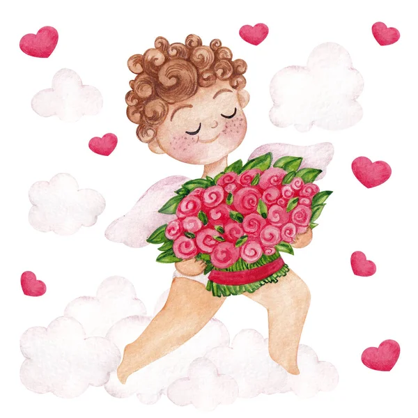 情人节水彩画 可爱的丘比特和红玫瑰 手绘元素独立于白色背景 — 图库照片