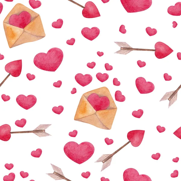 Nahtloses Muster Für Den Valentinstag Mit Roten Herzen Umschlägen Und — Stockfoto