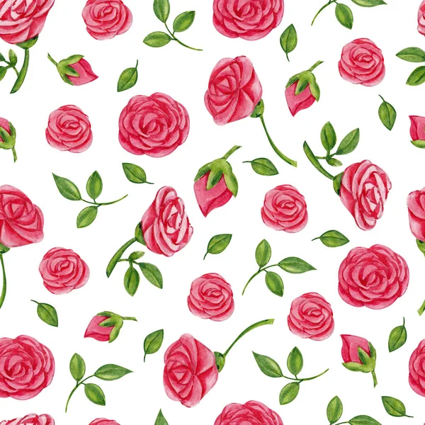 Seamless Pattern Red Roses Leaves Branches Watercolor Hand Draw Floral — Stock Photo, Image