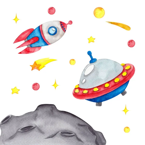 Space Akvarell Illustration Med Flygande Tefat Raket Planet Och Stjärnor — Stockfoto