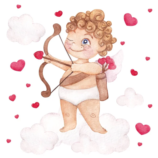 Watercolor Illustration Cute Cupid Hearts Clouds Valentine Day Hand Draw — Stock Photo, Image