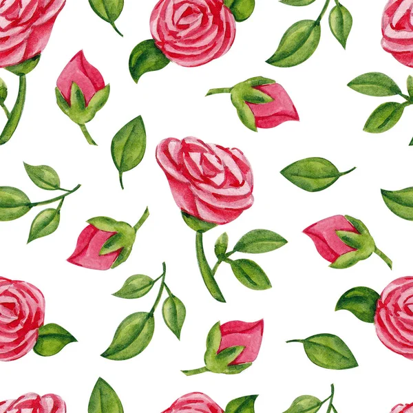 Seamless Pattern Pretty Red Roses Leaves Branches Watercolor Hand Draw — Stock Photo, Image