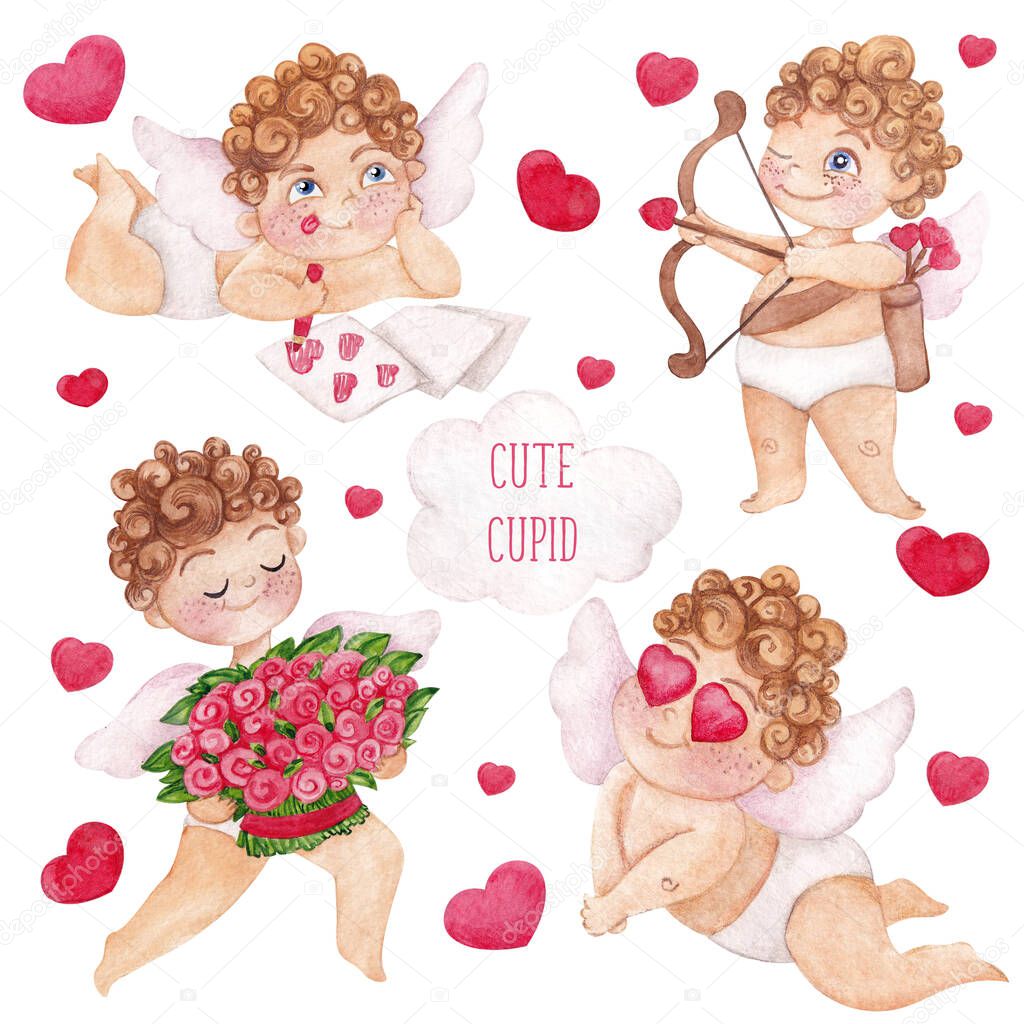 Watercolor illustration for Valentines day, cute Cupid with clouds, flowers and hearts, hand draw element isolated on white background