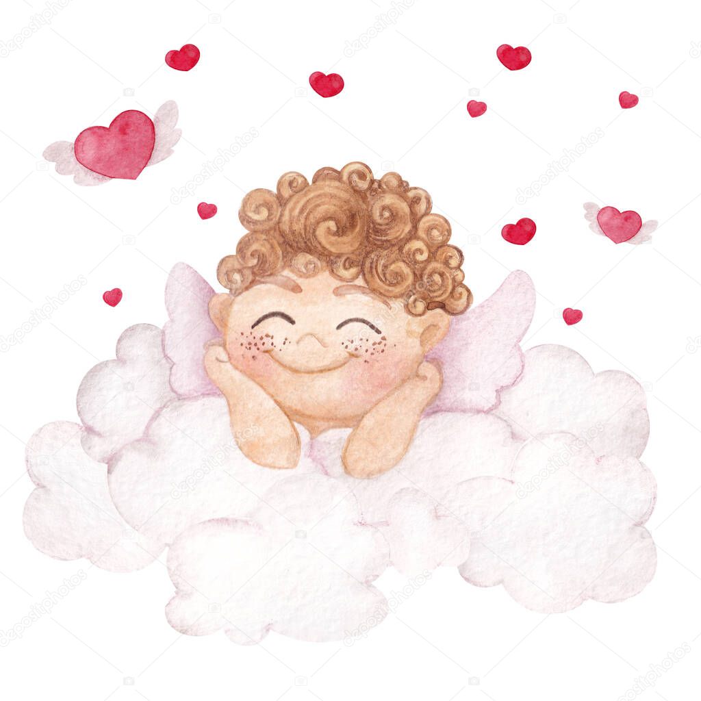 Watercolor illustration for Valentine day, cute Cupid with hearts and cloud, hand draw element, isolated on white background