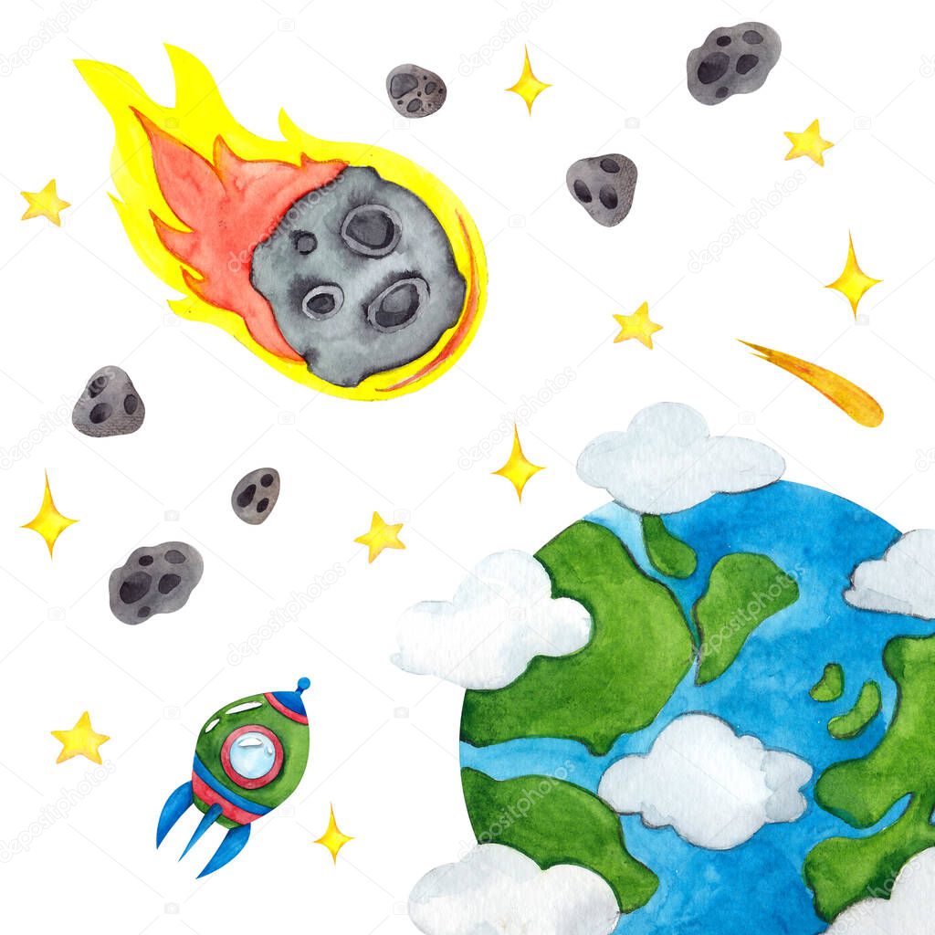 Watercolor illustration with earth, asteroids, rocket, stars, hand draw element isolated on white background
