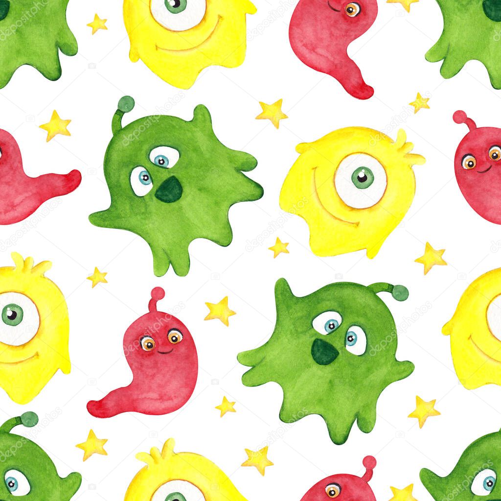 Seamless pattern with cute cosmic aliens, watercolour hand draw elements on white background