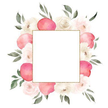 Suluboya elle çerçevelenmiş şeftali çiçekleri, düğün tasarımı için, kartlar, davetiyeler, beyaz arka planda izole edilmiş