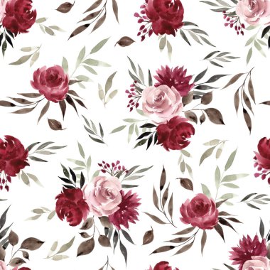 Çiçekler ve yapraklarla kusursuz desen, suluboya arkaplan 