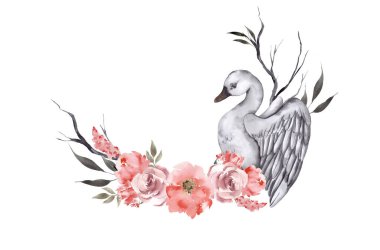 Yabani çiçekler ve kuş kompozisyonu, suluboya el yazısı seti.