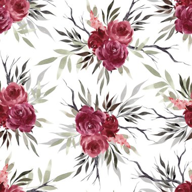 Çiçekler ve yapraklarla kusursuz desen, suluboya arkaplan 