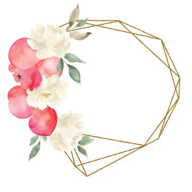 Suluboya elle çerçevelenmiş şeftali çiçekleri, düğün tasarımı için, kartlar, davetiyeler, beyaz arka planda izole edilmiş