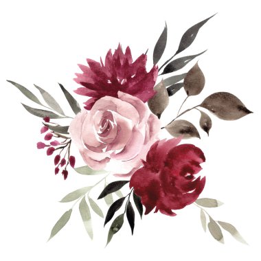 Vahşi çiçek kompozisyonu, suluboya el yazısı seti