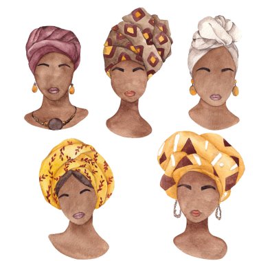 Beyaz arka planda izole edilmiş, Afrikalı kadın ve yaprakların portreleriyle suluboya çizimi