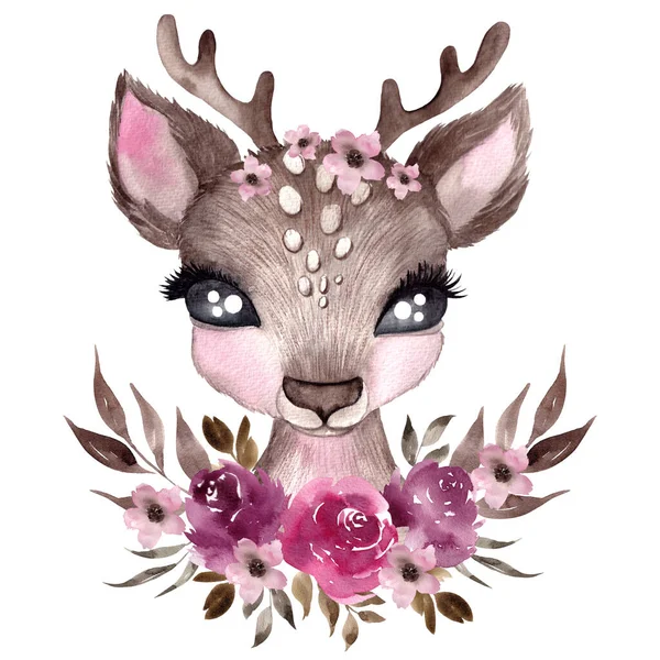 Watercolor illustration with cute deer with delicate flowers and leaves, hand draw animal and floral element, isolated on white background