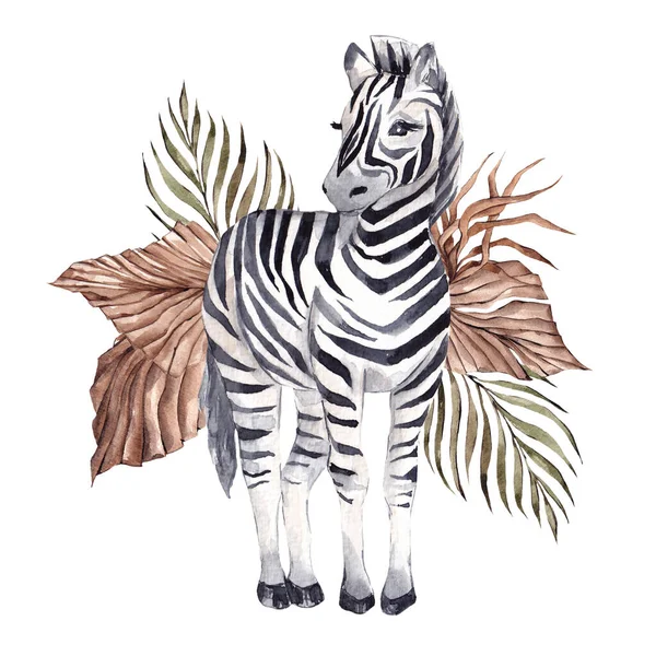Zebra Liśćmi Kwiatami Akwarela Ilustracja — Zdjęcie stockowe