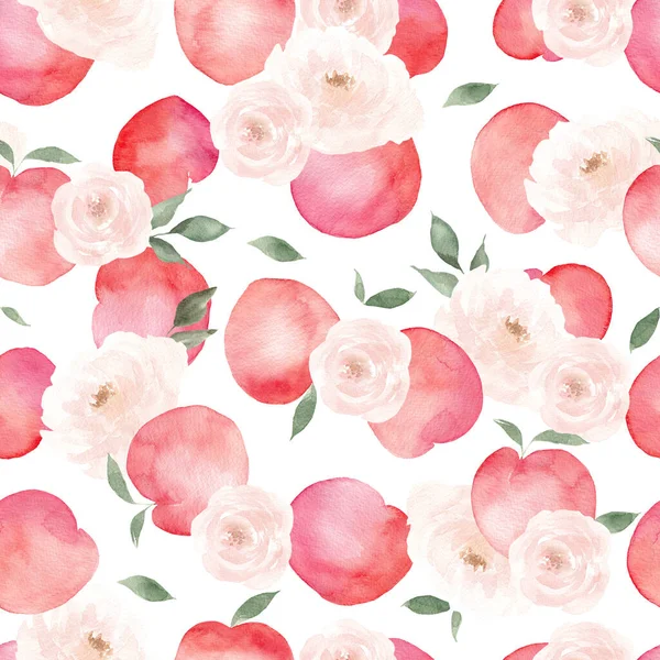 Watercolor White Pink Peach Flowers Pattern White Background — Stock Photo, Image
