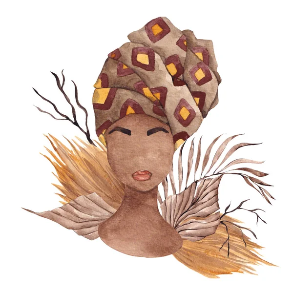 Illustration Moderne Aquarelle Avec Portrait Africain Femme Fleurs Feuilles Séchées — Photo