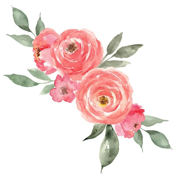 Watercolor Bouquet Peach Flowers Leaves Isolated White Background — Stock Photo, Image