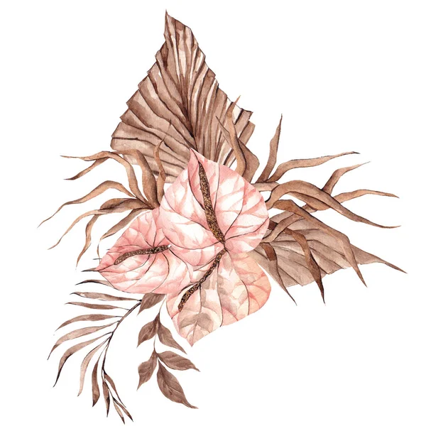 Aquarel Met Hand Getrokken Bladeren Tropische Bloemen — Stockfoto