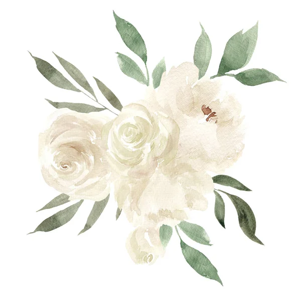 Akwarelowe Róże Bukiet Kwiatowy Ogrodzie Kwiaty Białym Tle — Zdjęcie stockowe