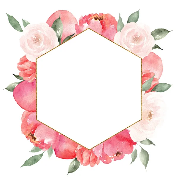 Ramka Akwarelą Ręcznie Rysować Brzoskwiniowe Kwiaty Projektu Ślubnego Karty Zaproszenia — Zdjęcie stockowe